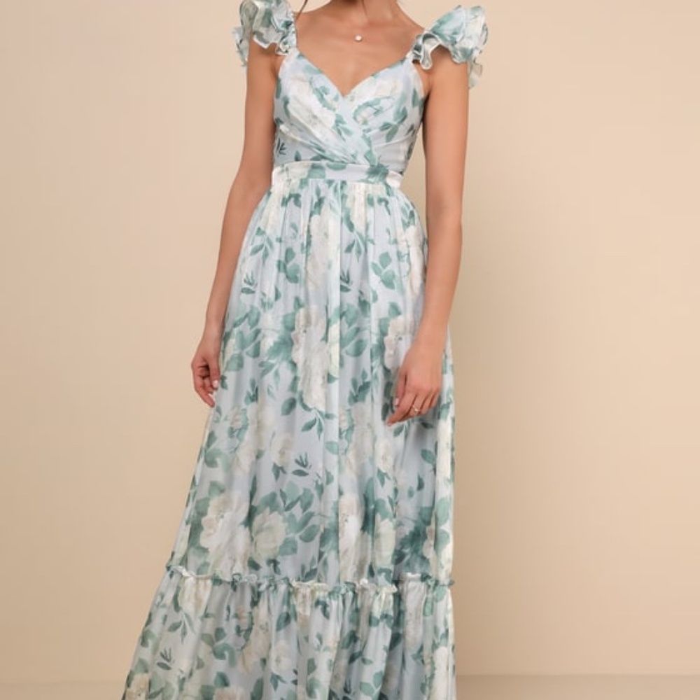 Lulus Soiree Perfection Light Blue Floral Ruffled Tiered Maxi Dress - Size 3X
